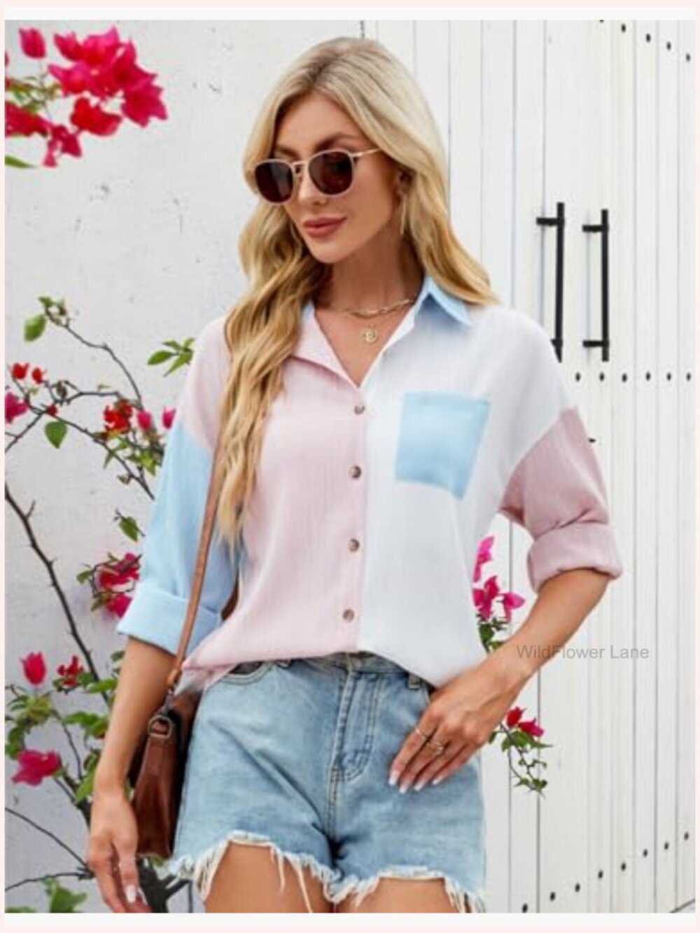 Womens Button Down Shirt Long Sleeve Textured Collared Blouse Gauze Top Pocket - Picture 4 of 7